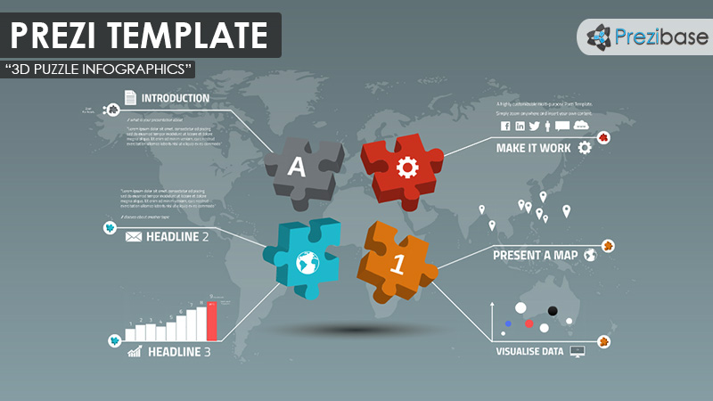 3d jigsaw pieces puzzle world map business diagram prezi template