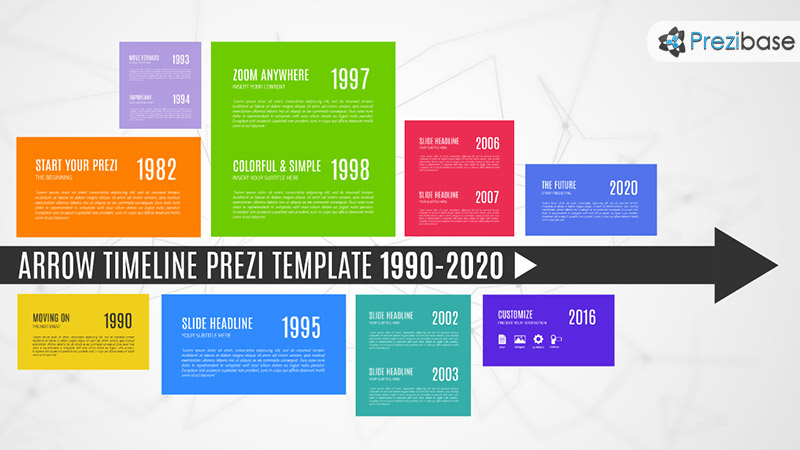 Arrow diagram timeline history for company prezi template for presentations