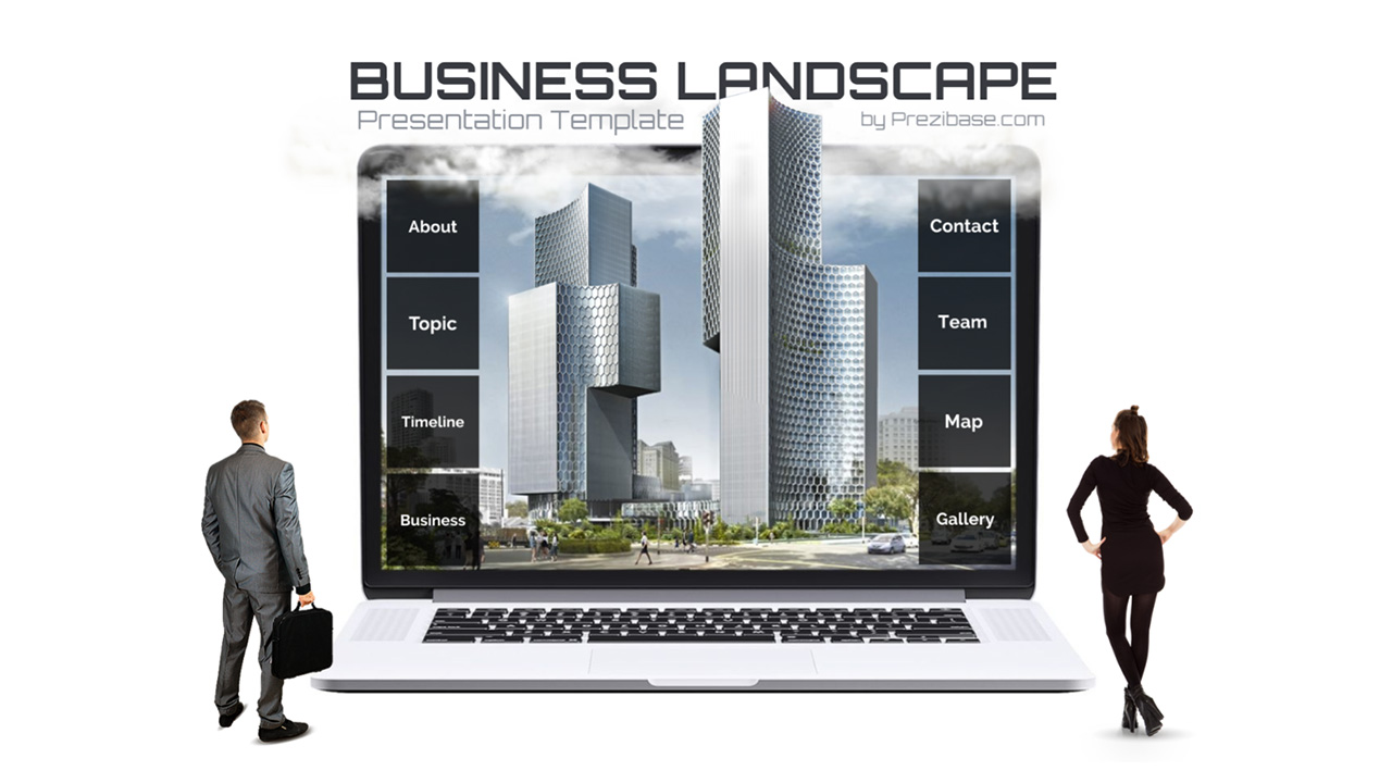 Creative 3D business landscape on laptop prezi presentation template