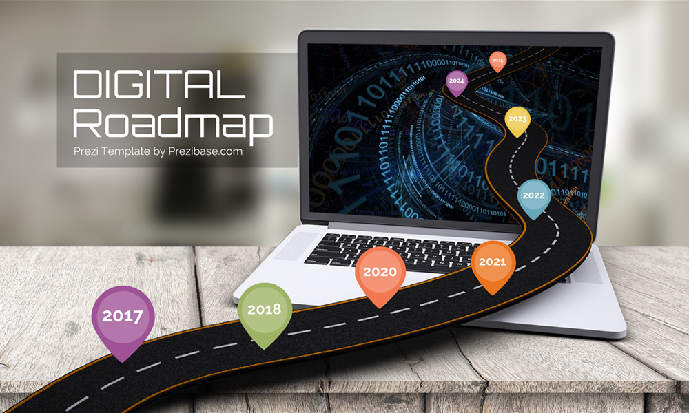 Digital technology road in laptop prezi next presentation template