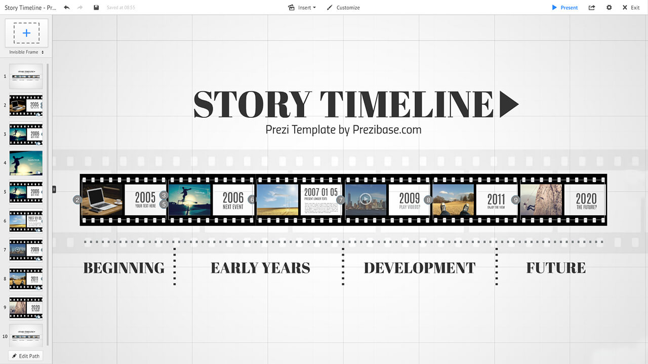 timeline for story presentation on movie film strip