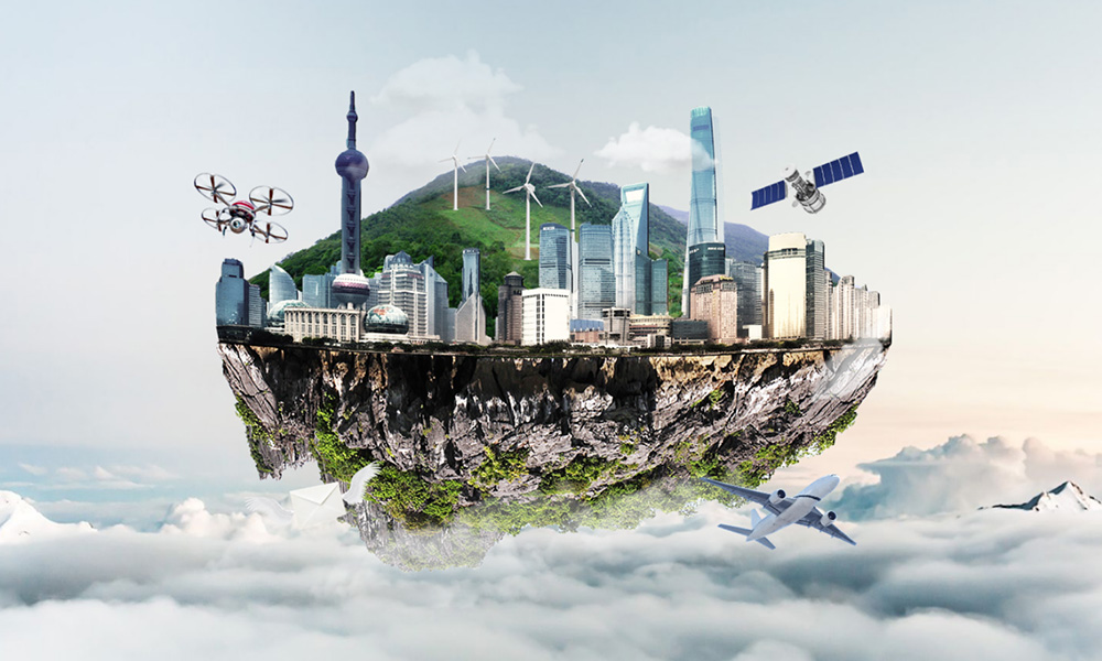 3d creative floating island city sky presentation template