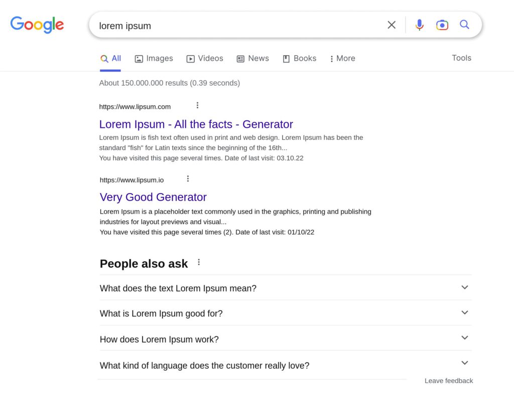 Google desktop search results page mockup