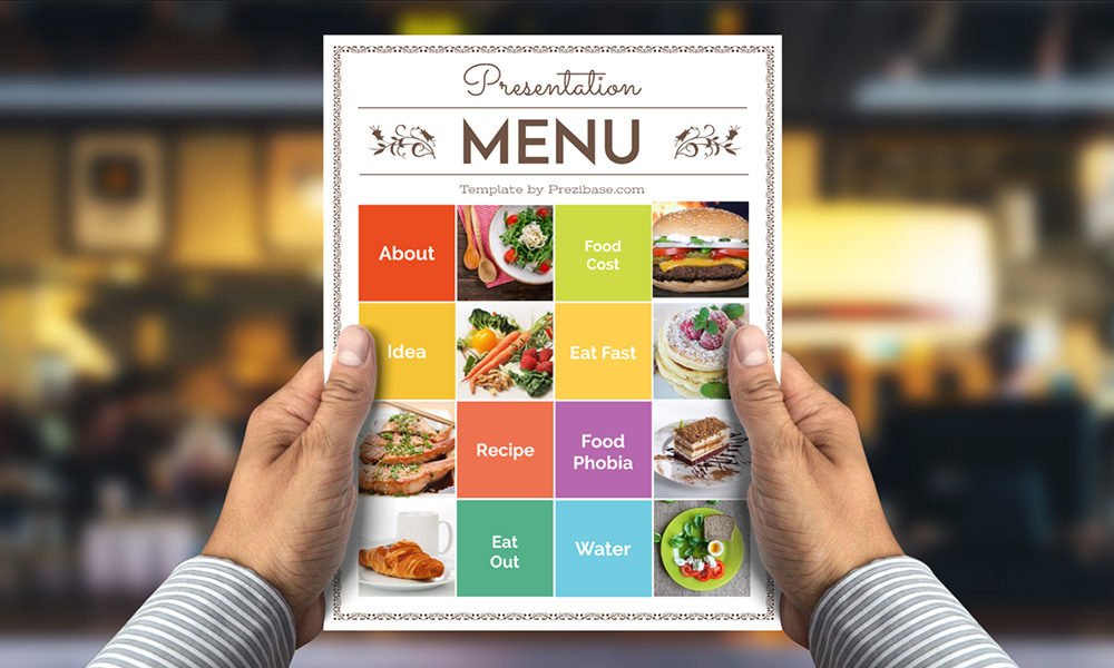 Food menu in hand restaurant or cafe prezi presentation template