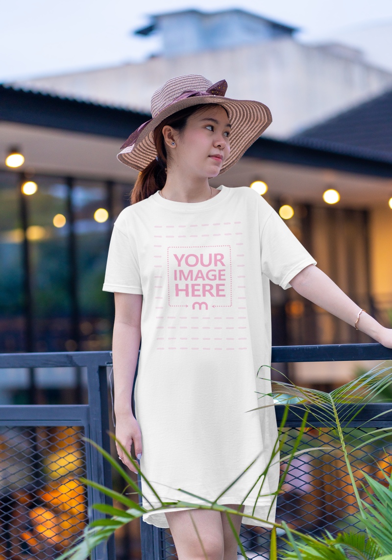 Shirt Dress Mockup Featuring Asian Woman Outdoor