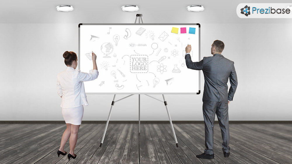 Business Woman and man whiteboard sketch ideas creative business prezi template